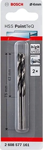 Bosch Professional HSS PointTeQ Spiralbohrer, 4x43x75mm, 2 Stück