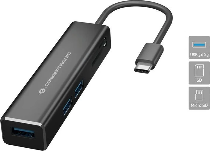 Conceptronic 3-Port USB-Hub mit Kartenleser, USB-C 3.0 [Stecker]