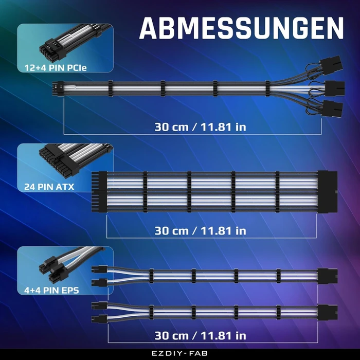 EZDIY-FAB 12VHPWR Cable Kit, 1x 24-Pin, 2x 4/8-Pin ATX, 1x 12VHPWR/3x 8-Pin PCIe, 16AWG, schwarz/weiß