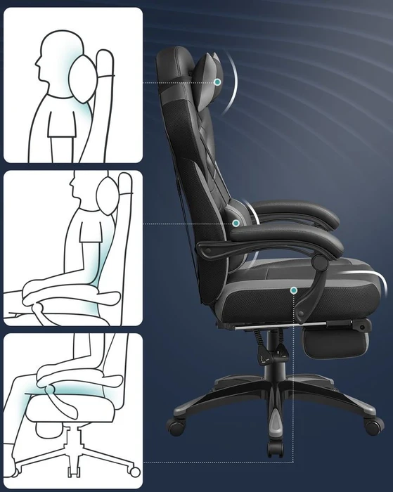 Songmics Gamingstuhl mit Fußstütze, schwarz/grau