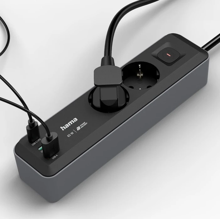 Hama Steckdosenleiste mit Schalter, 2-fach, 1x USB-A/2x USB-C 65W USB-PD, 1.4m, schwarz/grau