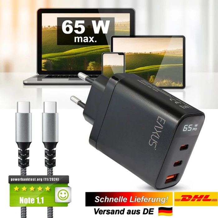 Eaxus Ladegerät 3-Port 65W schwarz