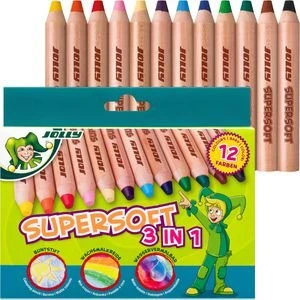 Jolly Supersoft 3 in 1 (Buntstift/Wachsmalkreide/Aquarellstift, wasservermalbar) Multifunktionsstift sortiert, 12er-Set
