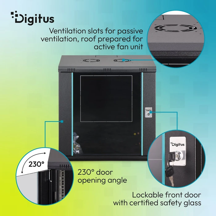 Digitus Dynamic-N Serie 19" Wandgehäuse 12HE, unmontiert, Sicherheitsglastür, IP2X, RAL 9005, 450mm tief