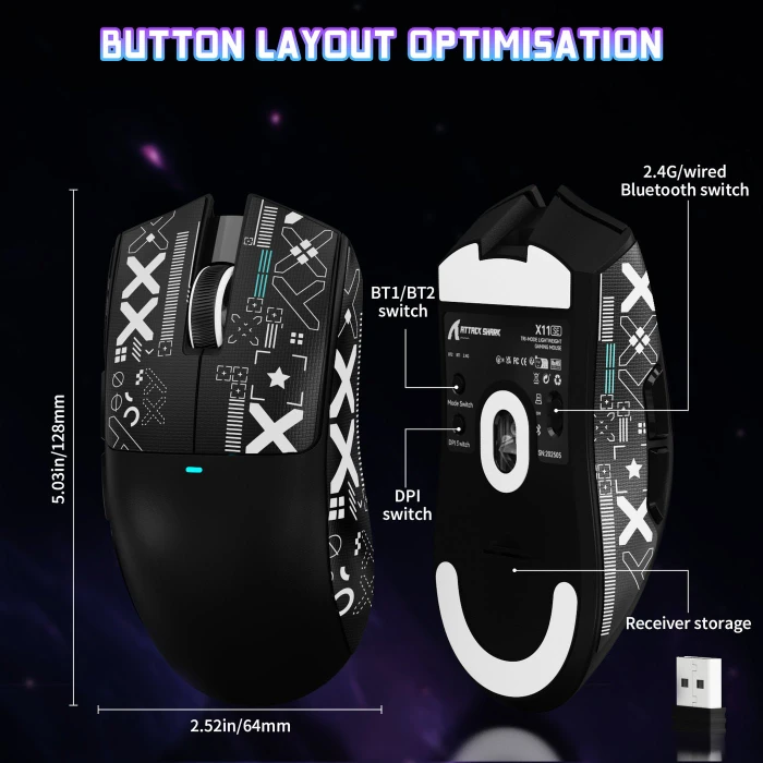 Attack Shark X11SE Wireless Gaming Mouse schwarz, inkl. Grip Tape, USB/Bluetooth