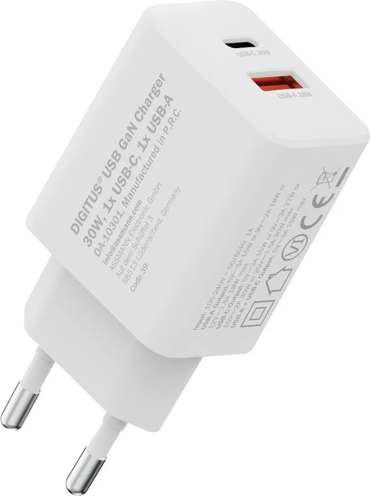 Digitus USB GaN Charger 1x USB-C 1x USB-A 30W weiß