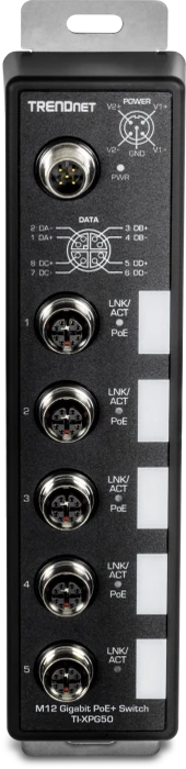 TRENDnet TI Hardened Industrial Railmount Gigabit Switch, 5x M12, 120W PoE+