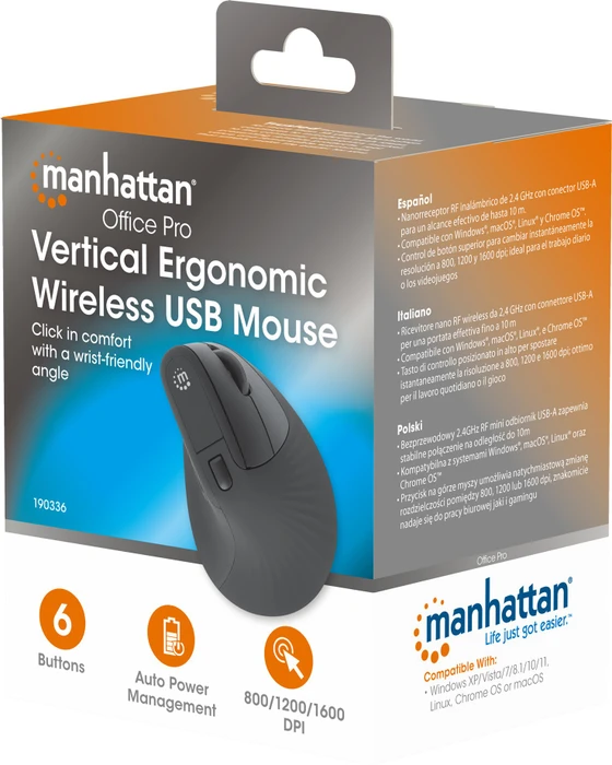 Manhattan Office Pro Vertical Ergonomic Wireless Mouse, schwarz, USB