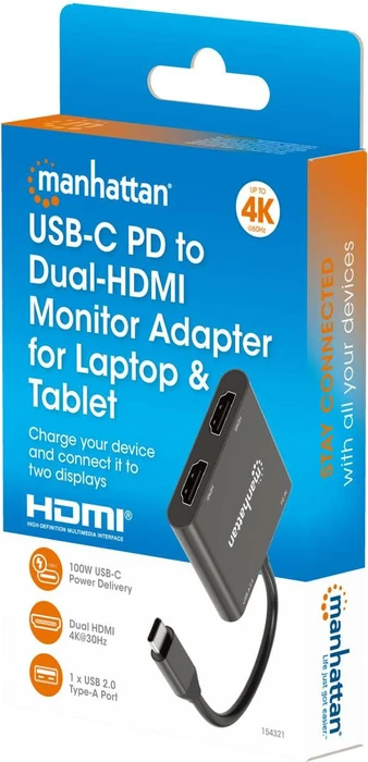 Manhattan USB-C auf 2x HDMI Adapter mit USB PD, USB-C 3.0 [Stecker]