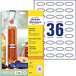 Avery-Zweckform Etiketten oval, 40x20mm, ablösbar, weiß, 10 Blatt (360 Etiketten)