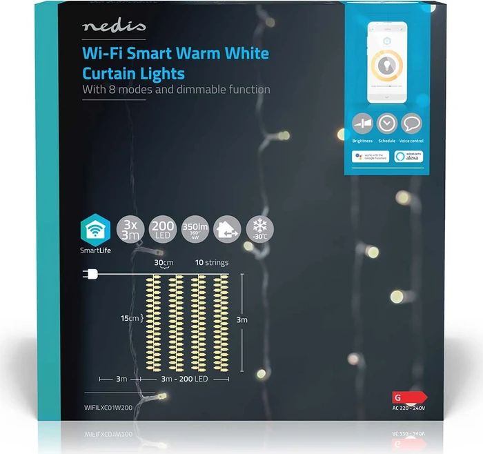 Nedis WIFILXC01W200 Smart Life Dekorative Lichtervorhang LED 200x warmweiß