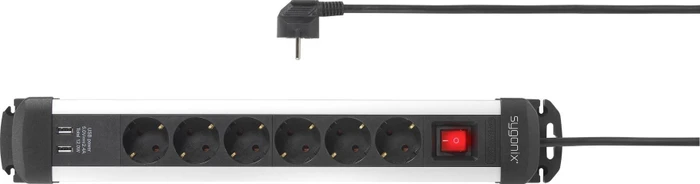 Sygonix Steckdosenleiste mit Schalter, 6-fach, mit 2x USB, 3m, schwarz/silber