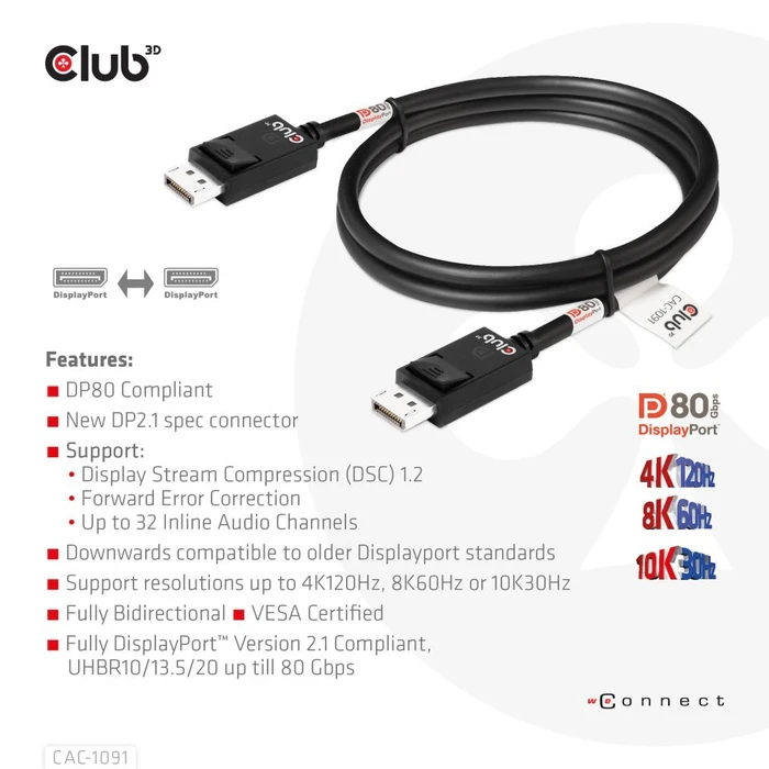 Club 3D DisplayPort 2.1 Kabel DP80 schwarz, 1.20m