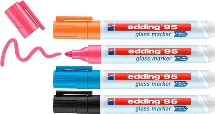 edding 95 Glasmarker schwarz/hellblau/pink/orange, 4er-Set, Etui mit Aufhängelasche