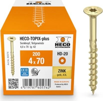 HECO TOPIX-plus verzinkt gelb A3L Torx T20 Holzschraube, 4x70mm, 200 Stück