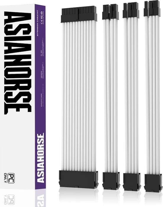 AsiaHorse GPU/CPU Cable Extension Kit, 1x 24-Pin, 1x 4/8-Pin ATX, 2x 8-Pin PCIe, 16AWG, weiß, schwarze Stecker, 30cm