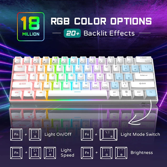 RK Royal Kludge RK61 60% Wired, weiß, LEDs RGB, hot-swap, RK RED, USB, US