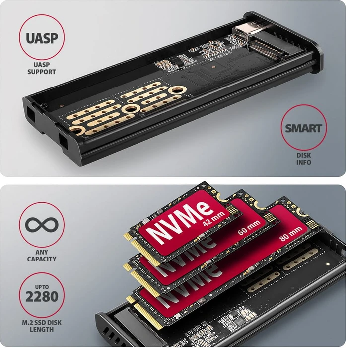 Axagon M.2 Festplattengehäuse, M.2 PCIe, Display Box, USB-C 3.1