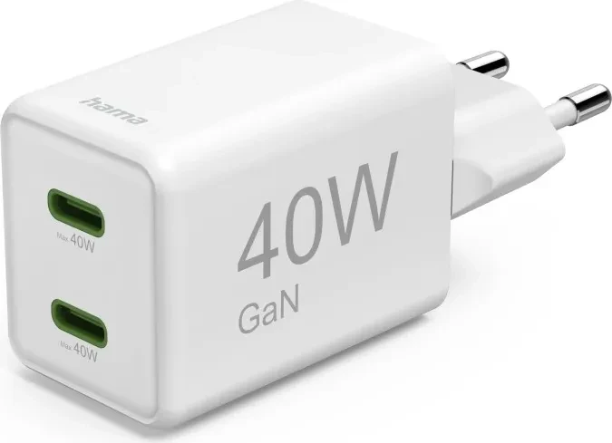 Hama Schnellladegerät GaN 2x USB-C Super-Mini-Ladegerät PD 40 W weiß