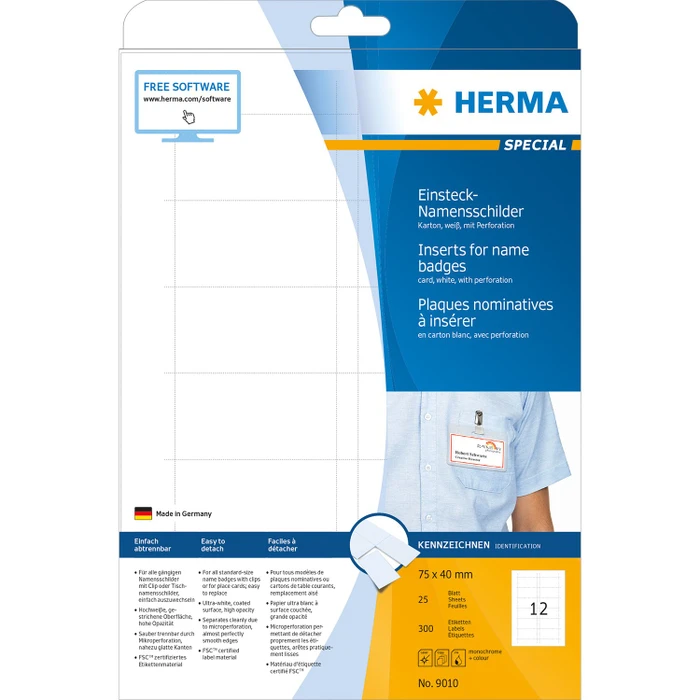 Herma Namensetiketten Karton, 75x40mm, weiß, beschichtet, 25 Blatt (300 Stück)