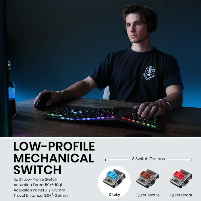Perixx Periboard-835 Ergo Wireless, schwarz, LEDs RGB, Kailh Choc LOW PROFILE BROWN, USB/Bluetooth, US