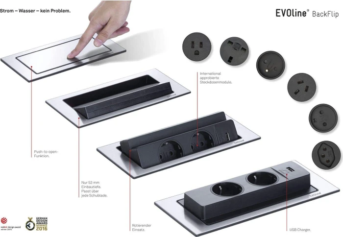 Schulte EVOLine BackFlip Cuisine, 2-fach, 1x USB-A, 2.5m, weiß