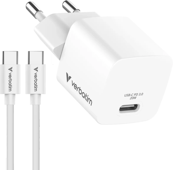 Verbatim Mini-GaN-Ladegerät mit Kabel 20W weiß