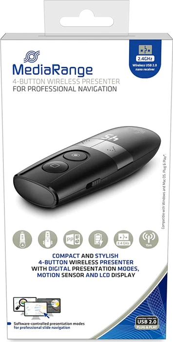 MediaRange Präsentationsfernbedinung mit 4 Tasten, schwarz/silber, USB-A