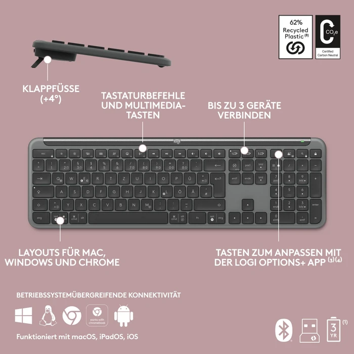 Logitech MK950 Signature Slim Combo Graphite, Logi Bolt, USB/Bluetooth, DE