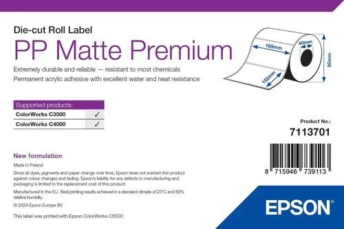 Epson Endlosetiketten PP Premium Matte Die-Cut Roll Label, 105x152mm, wetterfest, weiß, matt, 180 Etiketten