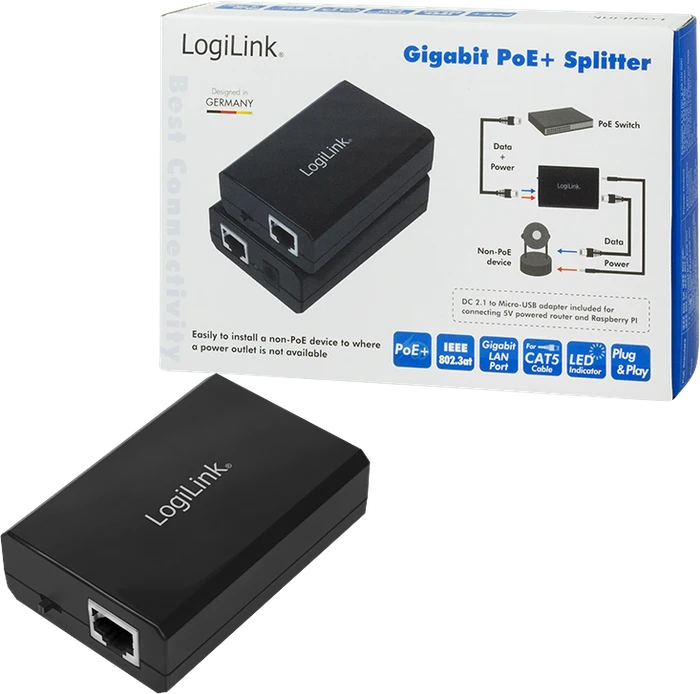 LogiLink Gigabit PoE-Splitter, 2x RJ-45, PoE+ PD
