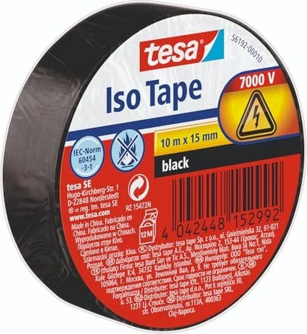 tesa Iso Tape schwarz, Isolierband, 15mm/10m, 1 Stück