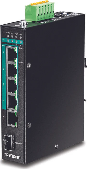 TRENDnet TI Hardened Industrial Railmount Gigabit Switch, 5x RJ-45, 1x SFP, 120W PoE+