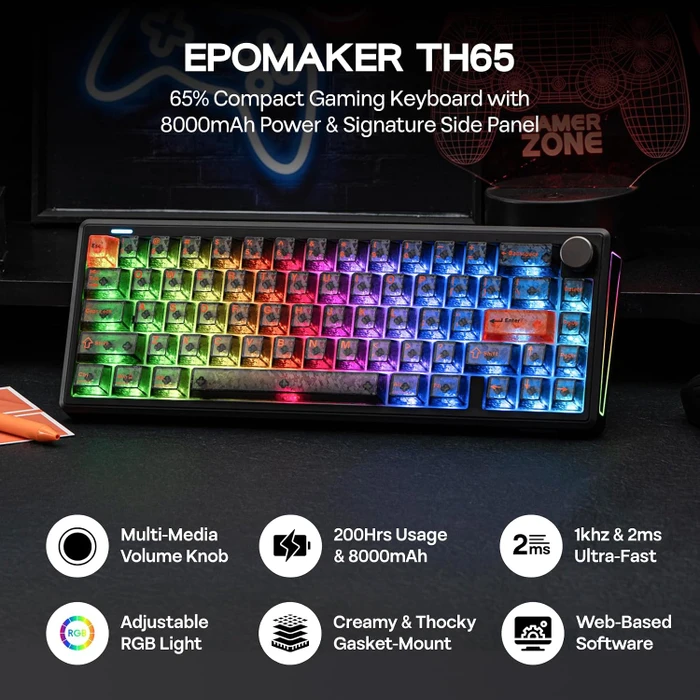 Epomaker TH65 Wireless, schwarz, LEDs RGB, hot-swap, Epomaker Creamy Jade, USB/Bluetooth, US
