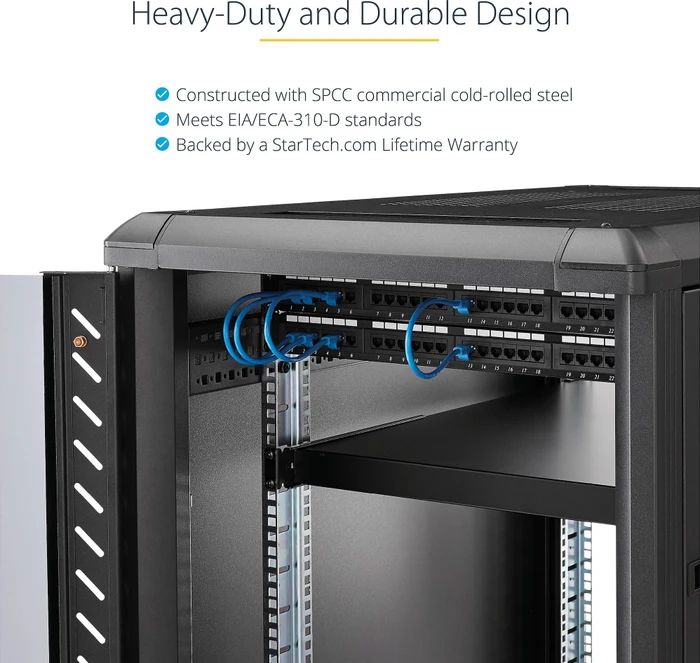 StarTech Verstellbarer Server Rack Fachboden bis 150kg, schwarz, 495mm Einbautiefe, 1HE