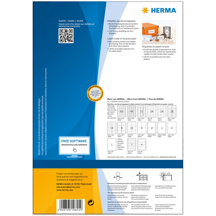 Herma Etiketten Recycling, 70x37mm, weiß, matt, 100 Blatt (2400 Etiketten)