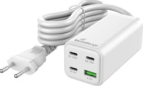 MediaRange 100W GaN Schnellladestation 1.5m Kabel (EU-Stecker) 3x USB-C/1x USB-A Power Delivery/Quick Charge weiß