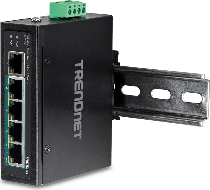 TRENDnet TI Hardened Industrial Railmount Switch, 5x RJ-45, 90W PoE+