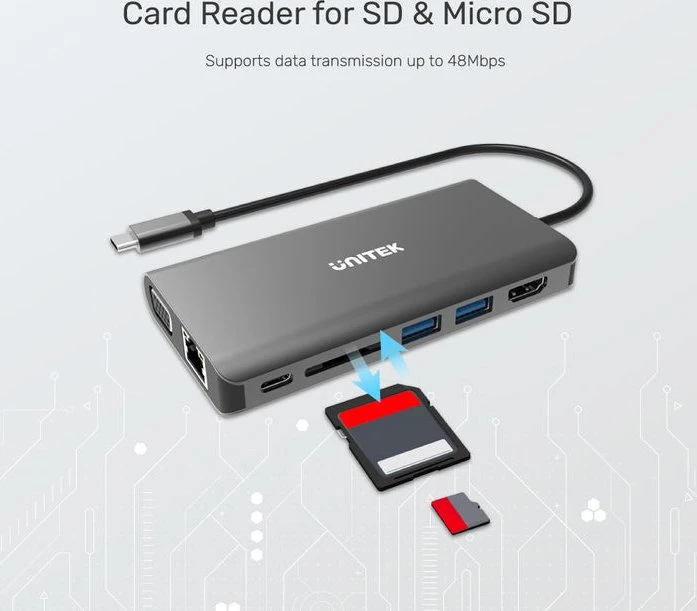 Unitek uHUB 08+ 8-in-1, USB-C 3.0 [Stecker]