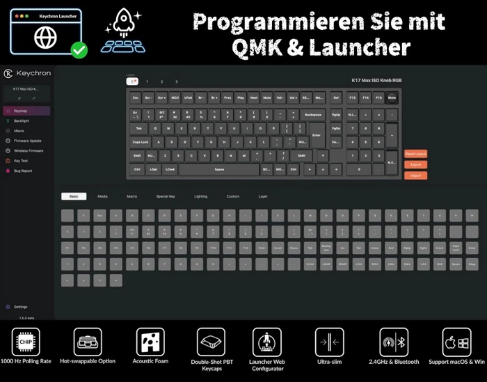 Keychron K17 Max, grau, LEDs RGB, Gateron LOW PROFILE 2.0 BROWN, USB/Bluetooth, DE