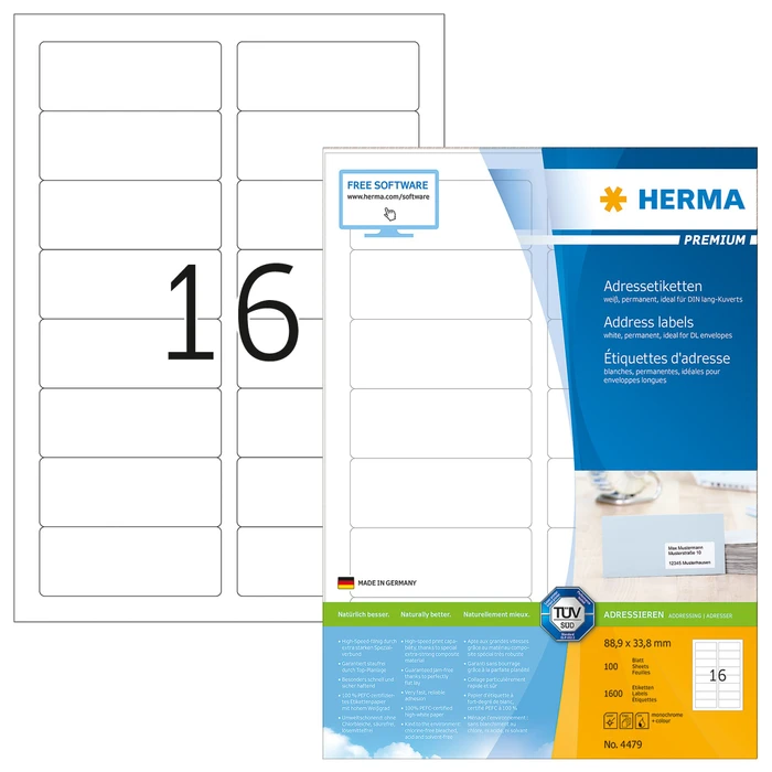 Herma Etiketten Premium, 88.9x33.8mm, weiß, matt, 100 Blatt (1600 Etiketten)