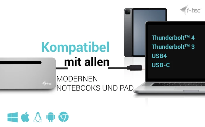 i-tec Metal Ergonomic 3x 4K Display Docking Station, inkl. 100W-Netzteil, USB-C 3.0 [Stecker]