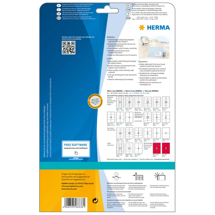 Herma Adressetiketten Inkjet, 63.5x38.1mm, weiß, matt, 25 Blatt (525 Etiketten)