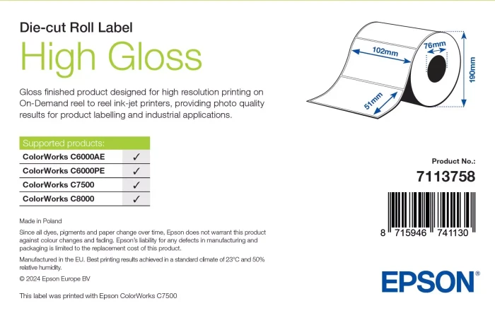Epson Endlosetiketten High Gloss Die-Cut Roll Label, 102x51mm, weiß, hochglänzend, 2310 Etiketten