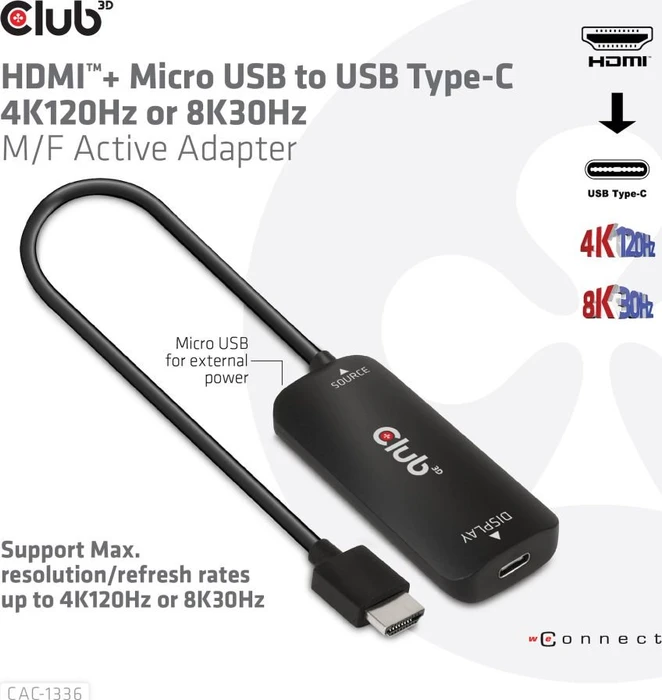 Club 3D HDMI 2.1 [Stecker] auf USB-C [Buchse] Adapterkabel, aktiv, schwarz