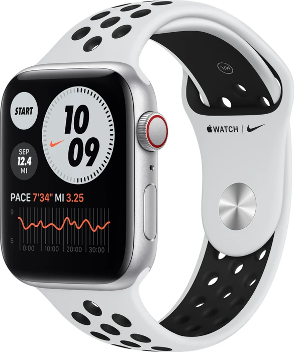 Apple Watch Nike SE (GPS + Cellular) 44mm silber mit Sportarmband platinum/schwarz