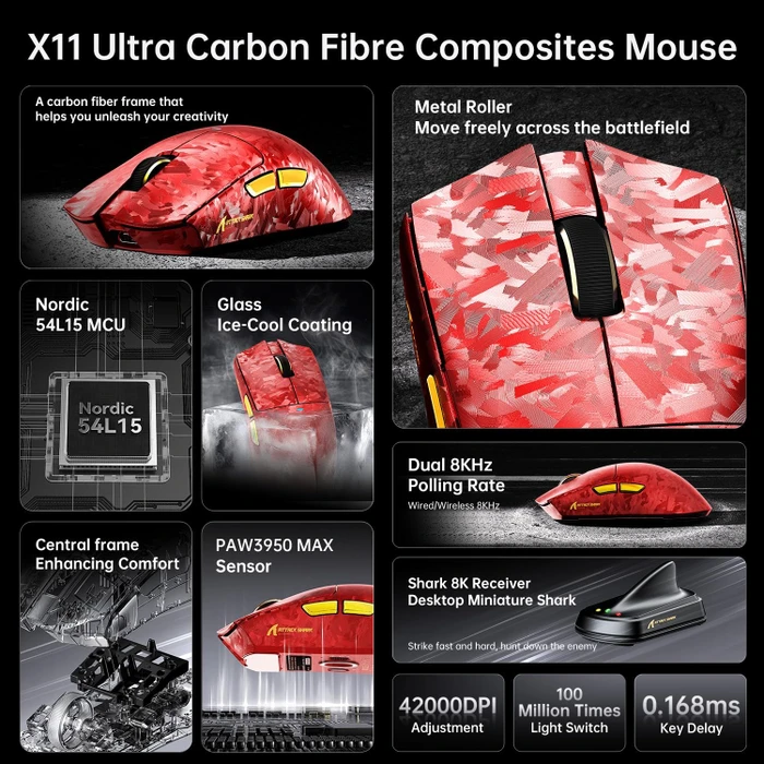 Attack Shark X11 Ultra Carbon Fiber 8KHz Wireless, Forged Red, USB/Bluetooth