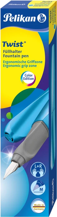 Pelikan Twist frosted blue, rechte Hand/linke Hand, mittel, Faltschachtel