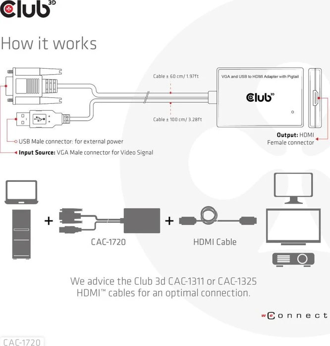 Club 3D aktiver Adapter, VGA/USB-A Stecker auf HDMI Buchse