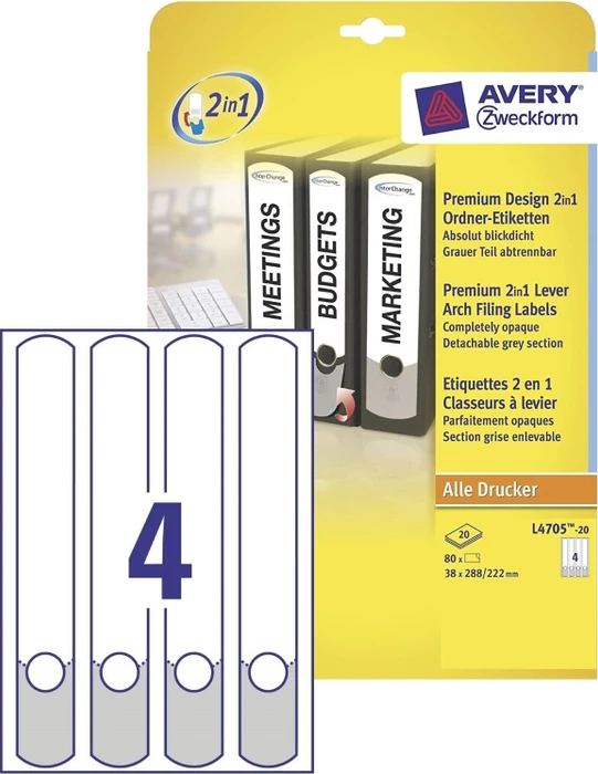 Avery-Zweckform Ordneretiketten, 288x38mm, weiß/grau, 20 Blatt (80 Etiketten)